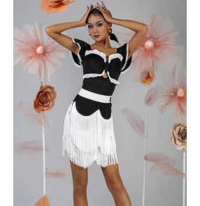 Women black blue with white fringe latin dance dresses salsa ballroom latin stage performance costumes for female